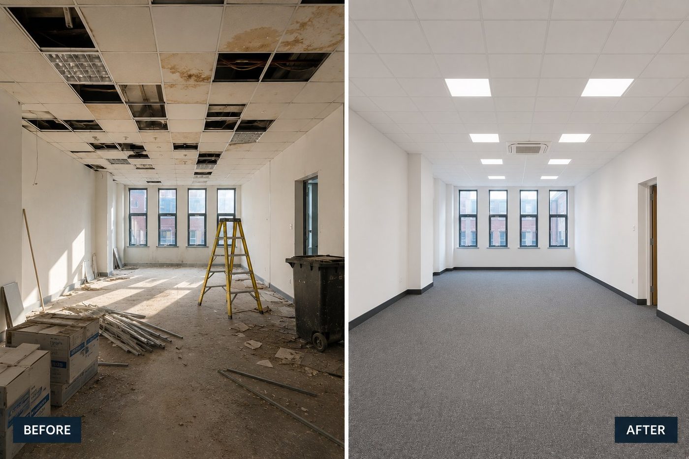Before and after of an office suite suspended ceiling installation