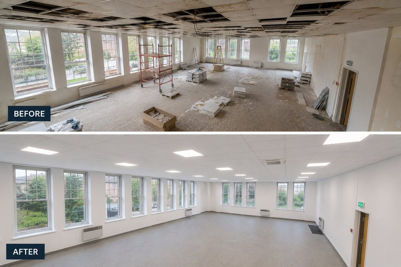 Before and after of a commercial office suspended ceiling replacement with new LED panel lighting