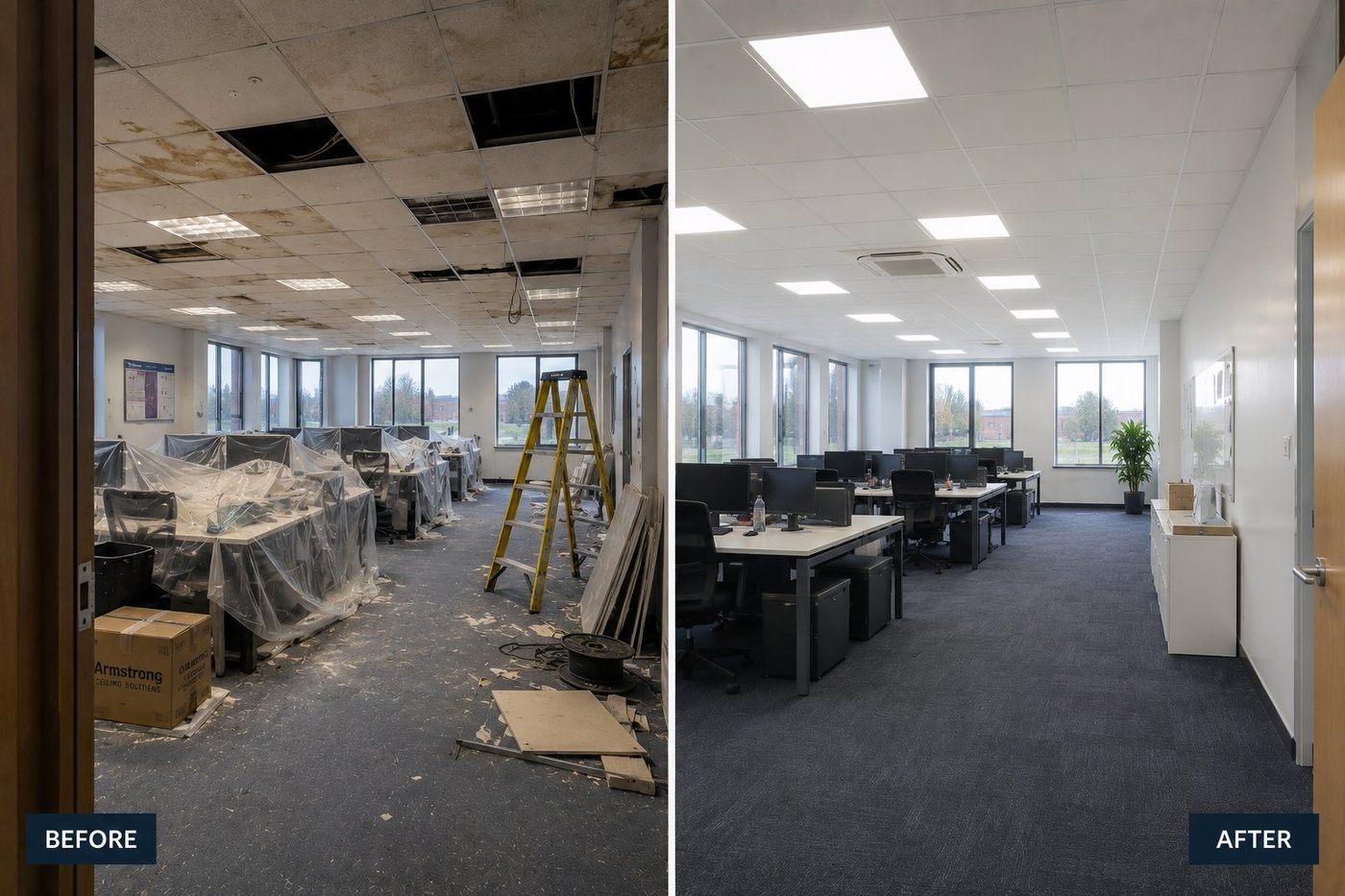 Before and after of an open-plan office ceiling strip-out, installation and lighting