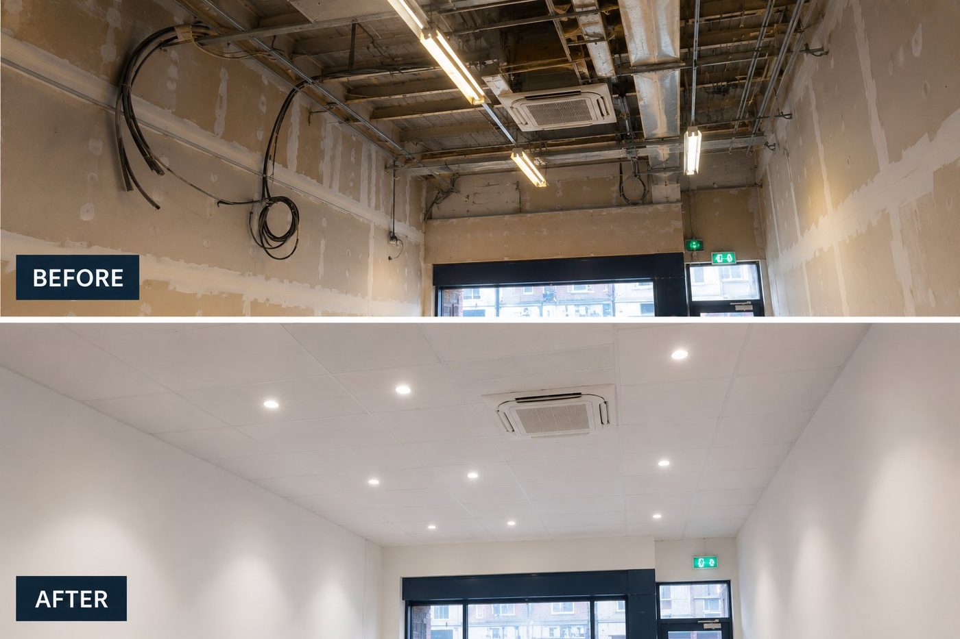 Before and after of a retail unit with a new MF ceiling and recessed downlights