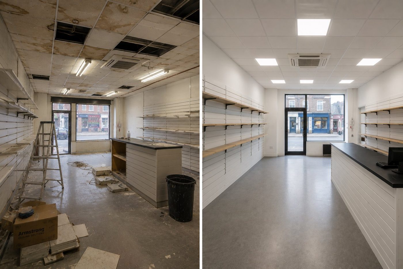 Before and after of a high-street shop grid ceiling and lighting refurbishment